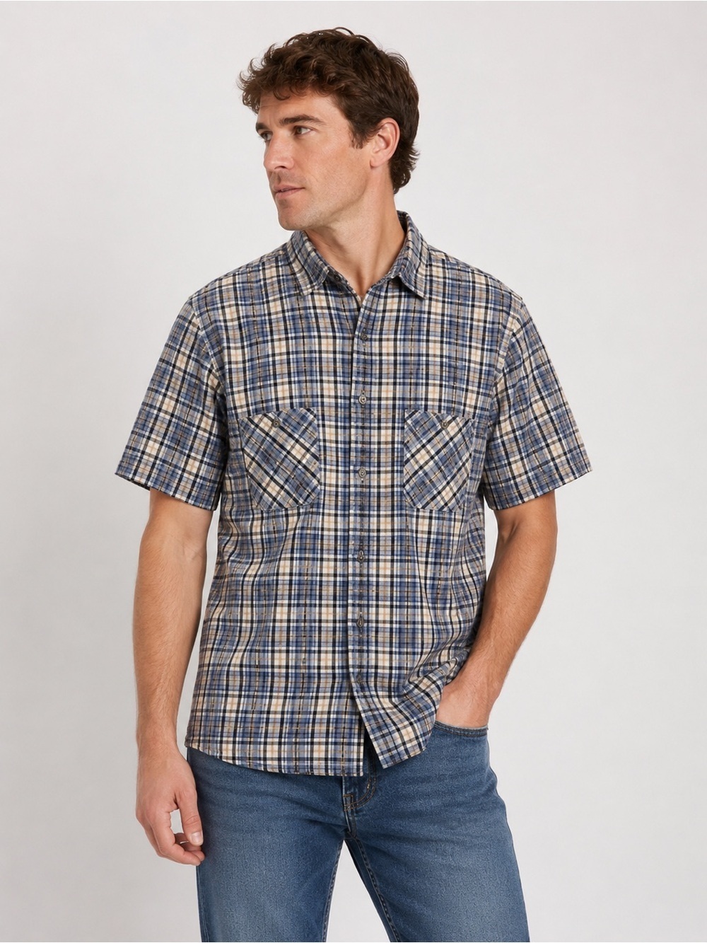PENDLETON Santiam Short Sleeve Button Down Shirt Plaid Cotton Blue Tan Vintage